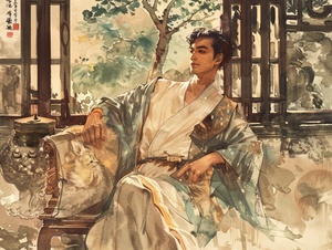 白羊座气质男生，Chinese Hanfu, Gifford Beal style, handsome，没有动物