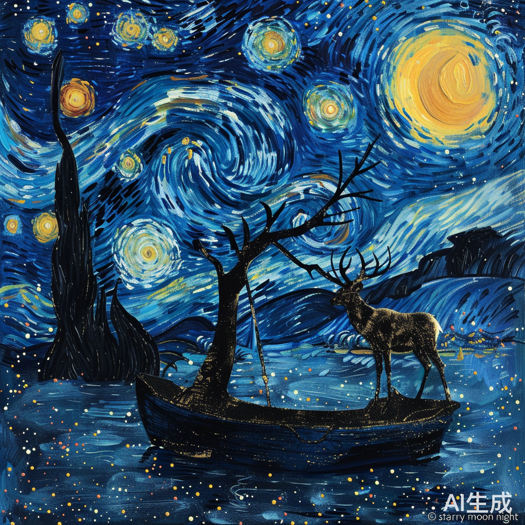 梵高的星月夜：船、树和麋鹿的黑色影子
