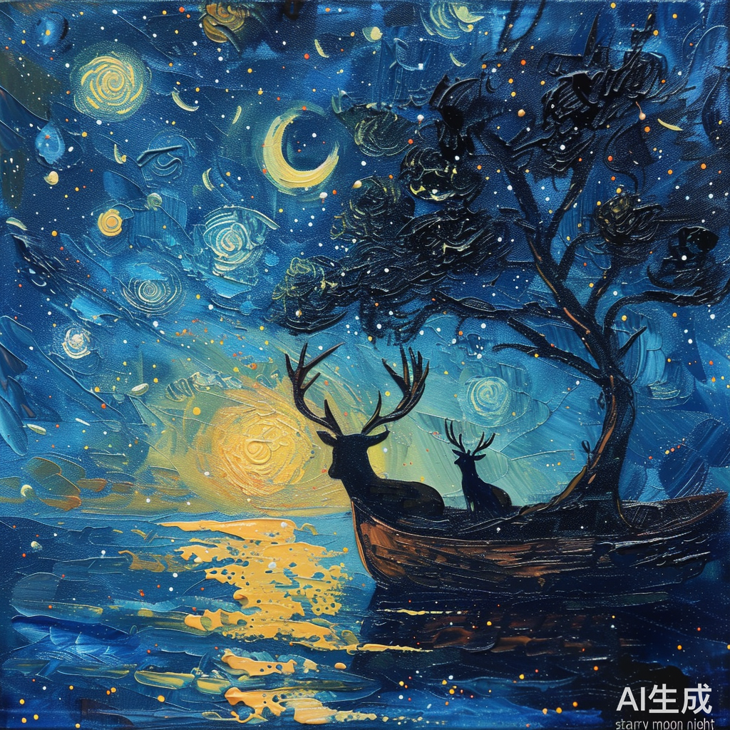 梵高的星月夜：船、树和麋鹿的黑色影子