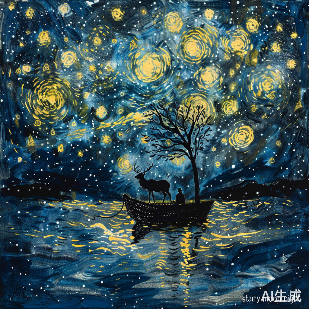 梵高的星月夜：船、树和麋鹿的黑色影子