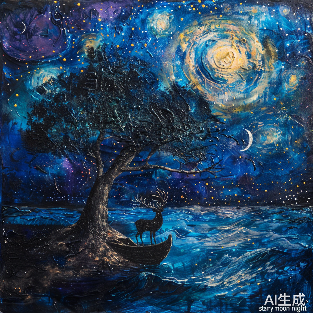 梵高的星月夜：船、树和麋鹿的黑色影子