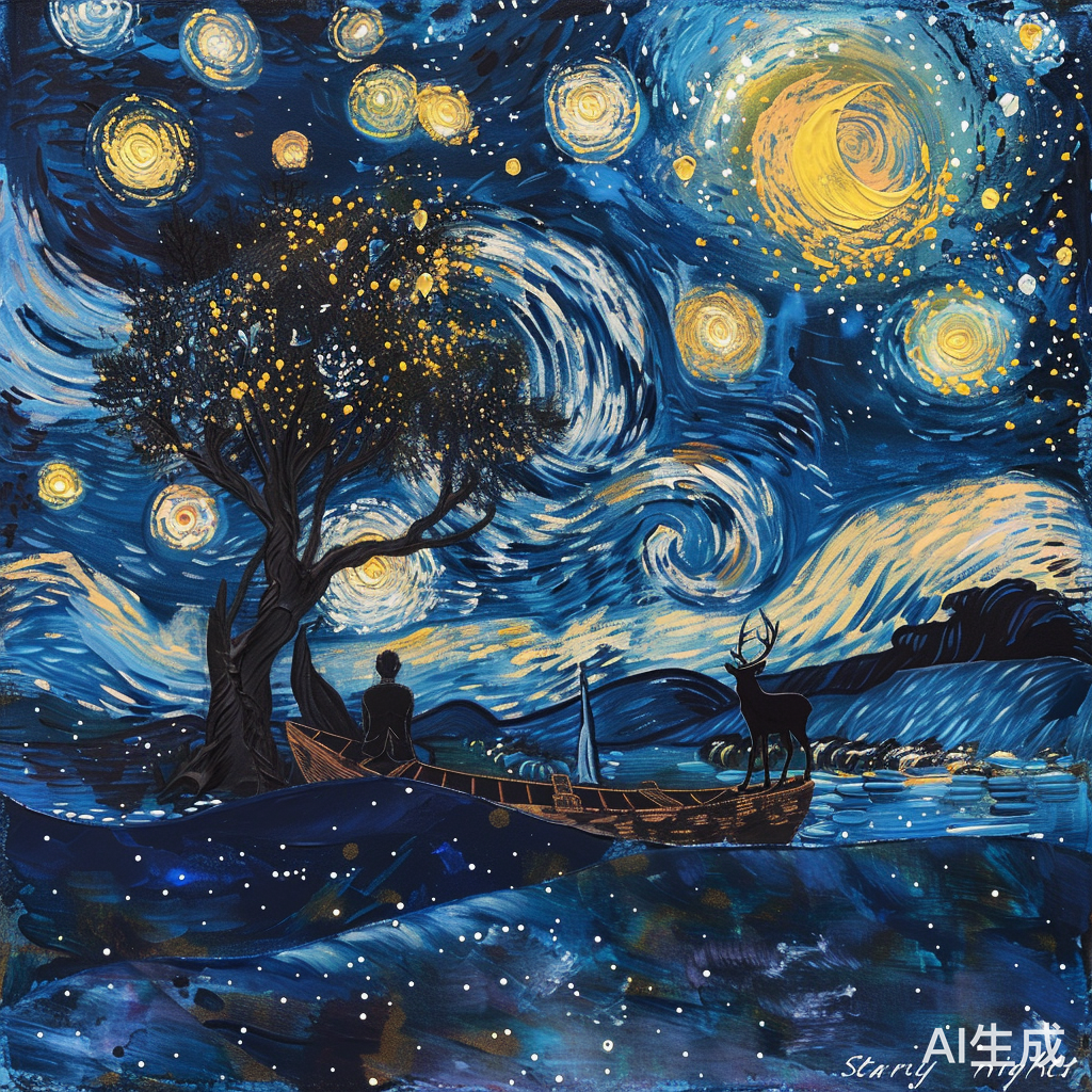 梵高的星月夜：船、树和麋鹿的黑色影子
