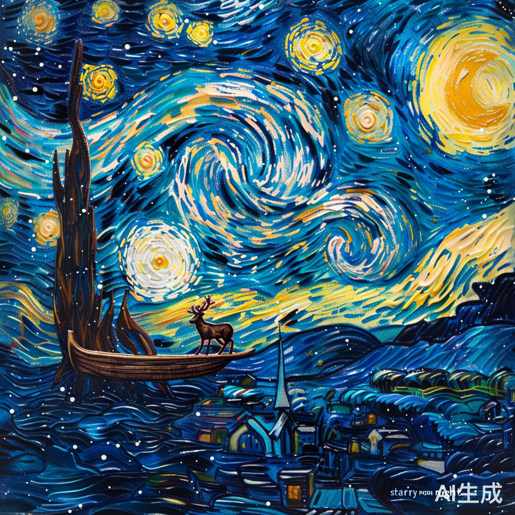 梵高的星月夜：船、树和麋鹿的黑色影子