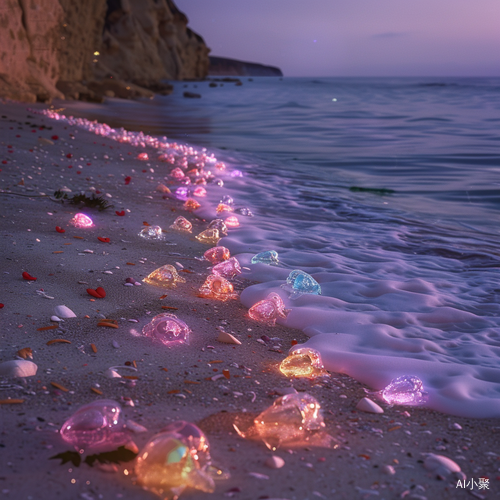 Nighttime Photographic Realism: Colorful Luminous Beach at Starlight