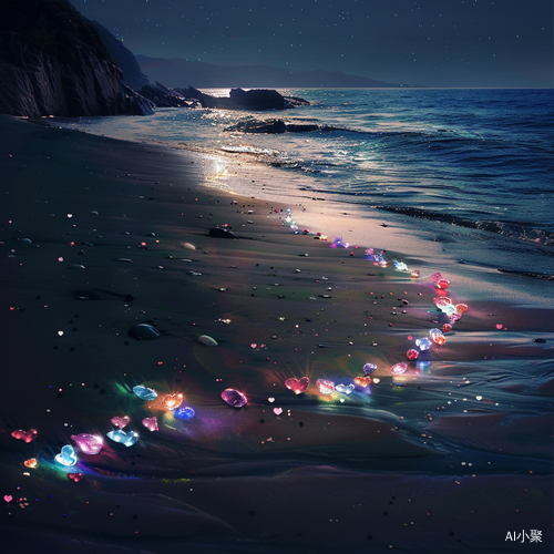 Nighttime Photographic Realism: Colorful Luminous Beach at Starlight