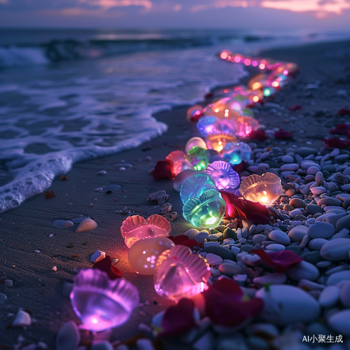 Nighttime Photographic Realism: Colorful Luminous Beach at Starlight