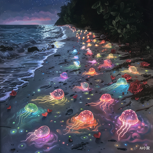 Nighttime Photographic Realism: Colorful Luminous Beach at Starlight