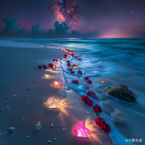 Nighttime Photographic Realism: Colorful Luminous Beach at Starlight