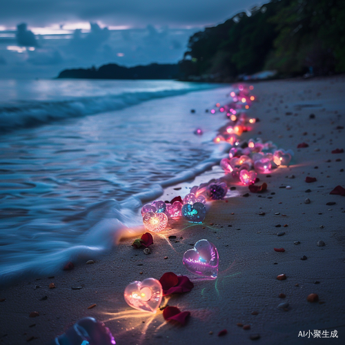 Nighttime Photographic Realism: Colorful Luminous Beach at Starlight