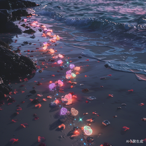 Nighttime Photographic Realism: Colorful Luminous Beach at Starlight