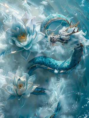 https:s.mj.run6ZgP1GBNT6E Surrealist photography, top view, Oriental mythology,Freeze,hovering in sparkling light blue water a ice blue Chinese dragon, its long eyelashes and golden dragon horns, glittering dragon scales, fluffy texture, incredibly shallow water, surrounded by white mist, Large blue ice maked lotus floating on the water, Gold foil, polished, perfect curves, sunlight, Blue glare, sacred, natural, real, high detail, clean, Simple, best picture quality, in Asai Miki style, David Nordahl, natur