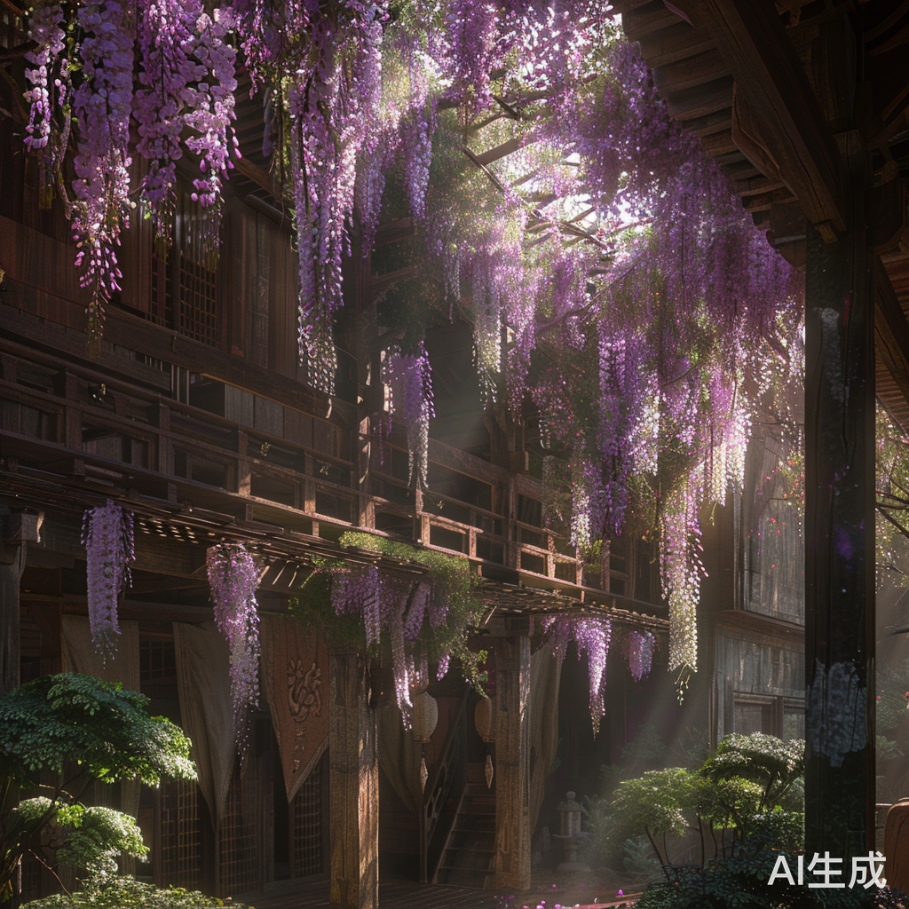 古风紫藤花垂荡木构建筑内部