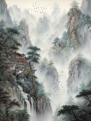 这是一副古画，工笔画，画中是中国古典风格画风的高山，苍松，清泉，瀑布，飞鸟，诗文，印章，中国古代名画，名人真迹，超高清画质，32K