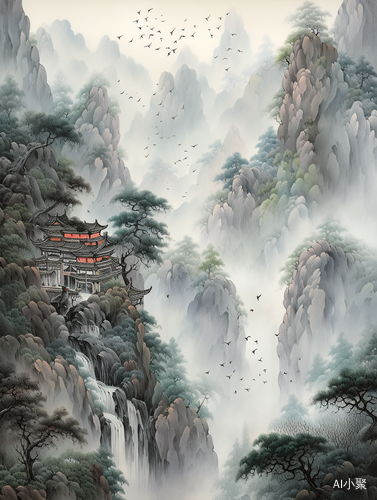 中国古代名画-高山苍松清泉瀑布飞鸟画