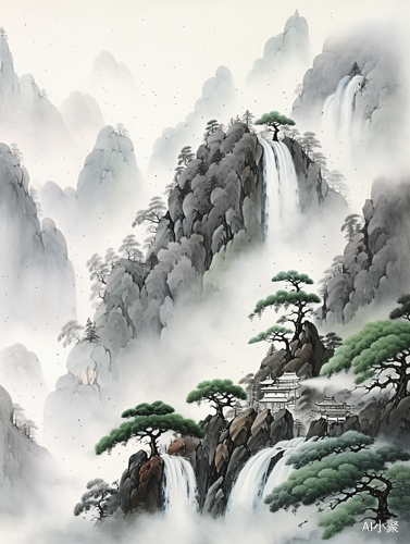 中国古代名画-高山苍松清泉瀑布飞鸟画