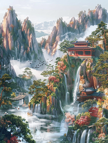 立体山水画：高山苍松，清泉瀑布，云雾缭绕的古风景观