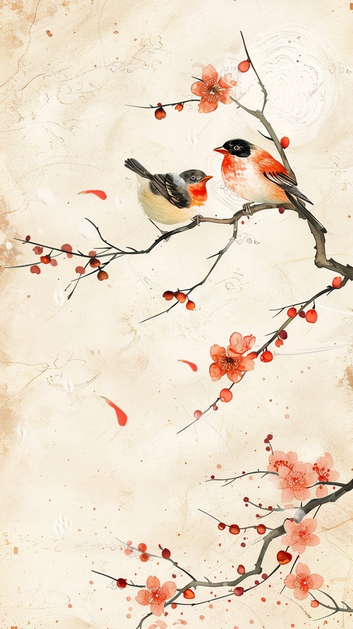 A sweet couple of orioles,blooming plum blossoms and floating auspicious clouds,traditional gossamer texture of silk,bright colors over a light beige warm tone,crafted in 8k resolution,suitable for astunning wallpaper