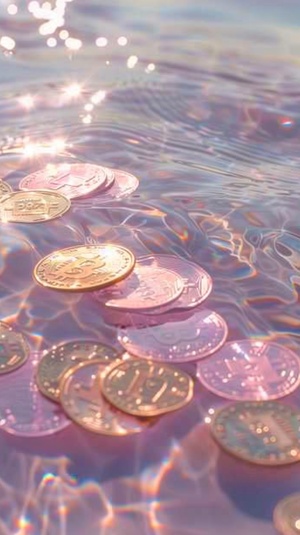 golden coins in the water,light pink andlight aquamarine,y2k aesthetic,etherealdetails,snapshot aesthetic,dreamlike naturaleza, light white, soft focal points ar 9:16 v 6.0