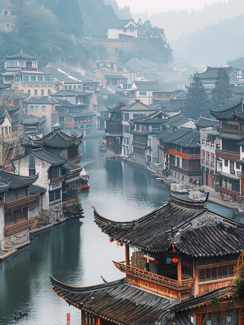 Fenghuang Ancient City 凤凰古城Keyword sharing: large area of ​​blank space, rock color panel painting, Fenghuang Ancient City, ancient town in western Hunan, multiple levels, many details, depth of field, overlooking angle, high-angle shooting, master-level composition, colorful light and shadow, ancient charm of blank space, high quality关键词分享：大面积空白、岩色板画、凤凰古城、湖西古镇、多层次、多细节、景深、俯视角度、高角度拍摄、大师级构图、多彩光影、留白空间的古韵、高品质#Aipainting#AIillustration #ai #aipainting #AIGC #aipainting #iqiyuai #iqiyuAI #landscape painting #国画山水