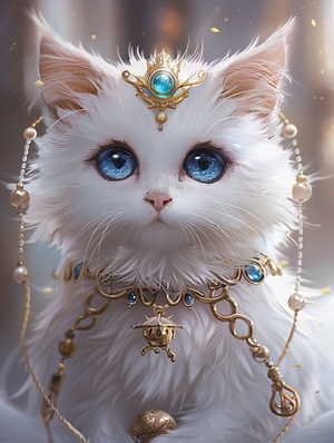 Super cute, with a round and round appearance，white cat with blue eyes with gold jewelry, sitting in a gold collar, in the style of anime-inspired character designs, rtx on, артур скижали-вейс, candid, manticore, earl norem, cecilia beauty