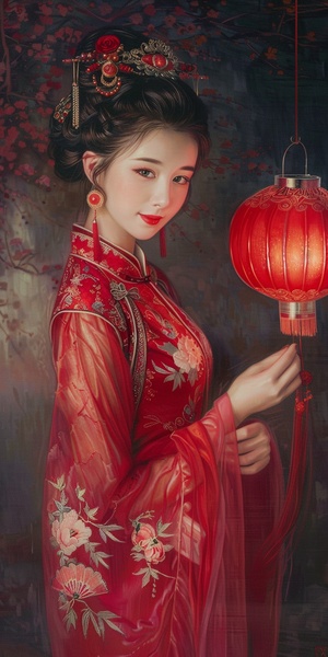 中国美女，举着红灯笼，美女五官惊艳，瓜子脸，杏核眼，樱桃小嘴，红色汉服薄纱裙，红丝带飘逸，举着红灯笼，跳舞，整个画面红色基调，照片风格，超高清画质。