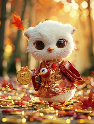 Anthropomorphic, cute little white chicken dressed in elegant red hanfu, holding gold coin, the ground covered with of gold coins, Big Eyes, Chinese Culture, ZBrush,Full Body Portrait, Fine Detail, Cinematic Illumination, Intricate Details, Octane Rendering, 8k, Pixar style