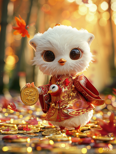 Adorable Chicken in Red Hanfu with Golden Coins