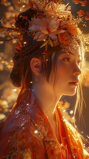 a woman in a chinese robe and flower hair covering , in the style of dark orange and light gold, dreamlike fantasy, luminous skies, zbrush, light yellow and red, life-like avian illustrations, princesscore ar 69:128