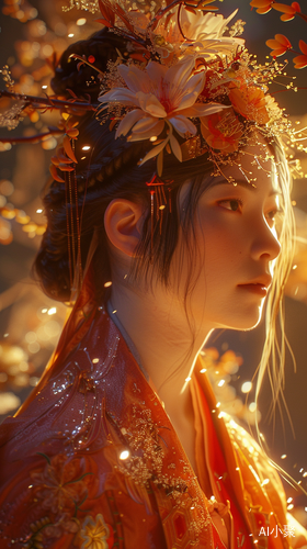 Dreamlike Fantasy: A Woman in Chinese Robe and Flower Hair Covering