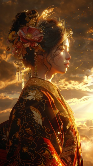 a woman in a chinese robe and flower hair covering , in the style of dark orange and light gold, dreamlike fantasy, luminous skies, zbrush, light yellow and red, life-like avian illustrations, princesscore ar 69:128