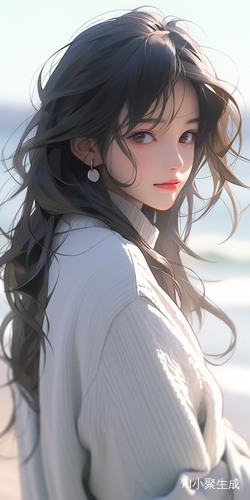 黑发女生在大海背景下的小清新亚洲面孔