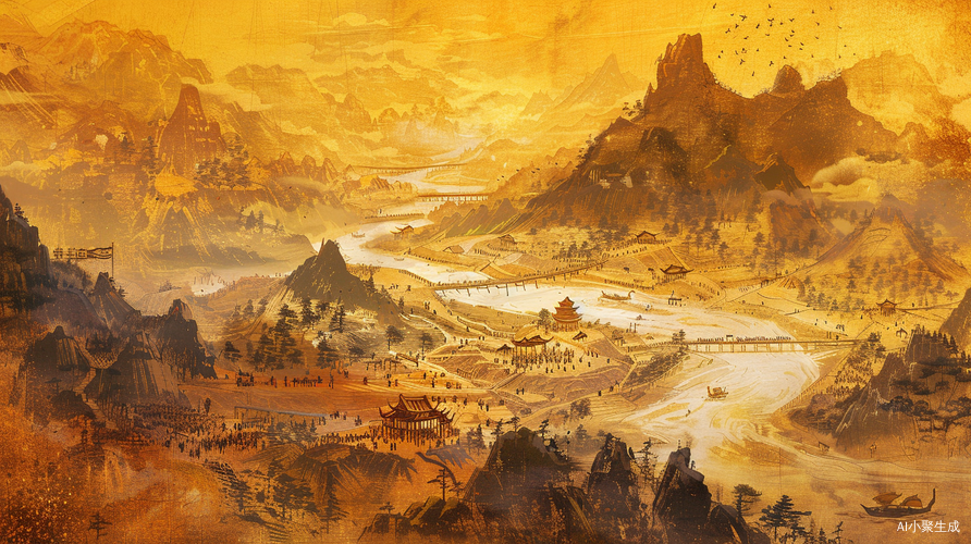 中国古代部落联盟时期的黄河流域多部落景象插画展示