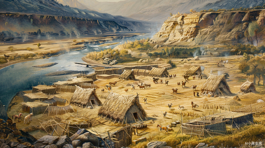 中国古代部落联盟时期的黄河流域多部落景象插画展示