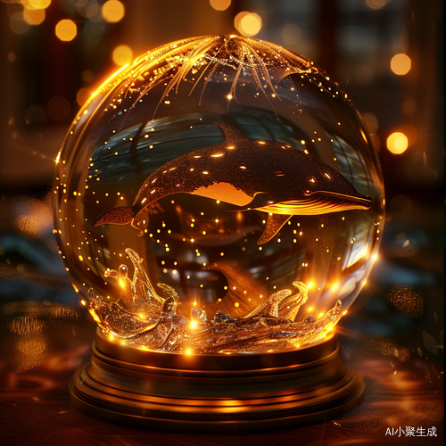 水晶球中温暖明亮，鲸鱼与星星相伴