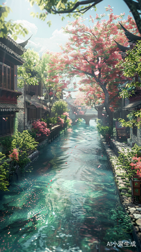 江南古镇，超广角细节描绘的真实花景
