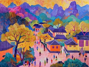 春光万里，百花怒放 ，金龙飞舞 ，万众欢腾，Chinese naive folk art illustrantional , van gogh and Faith Ringgold style , collected Moma , Landscape of Guilin , People mind their own business , vivid color , fauvism , expreesionism , abstract ,4k, best quaility , ultra detailed