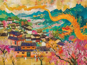 中国大地，春光万里，百花怒放 ，金龙飞舞 ，万众欢腾，Chinese naive folk art illustrantional , van gogh and Faith Ringgold style , collected Moma , Landscape of Guilin , People mind their own business , vivid color , fauvism , expreesionism , abstract ,4k, best quaility , ultra detailed