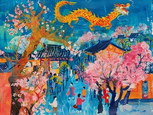 中国大地，春光万里，百花怒放 ，金龙飞舞 ，万众欢腾，Chinese naive folk art illustrantional , van gogh and Faith Ringgold style , collected Moma , Landscape of Guilin , People mind their own business , vivid color , fauvism , expreesionism , abstract ,4k, best quaility , ultra detailed