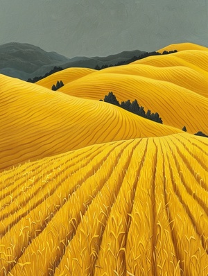 A mountain of yellow,in the style of Dee Nickerson,minimalist monochromatic landscapes,trompe-I'oeil illustration details,Jacej yerka,brushtroke fields,meiji art,mark briscoe