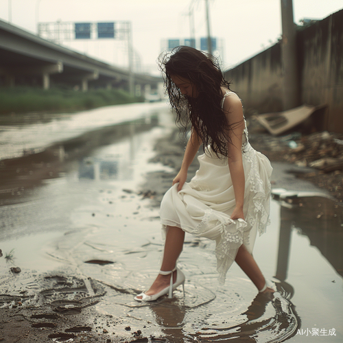 湿发女神穿白裙，差点倒地在大马路上