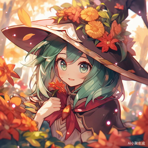绿色头发的可爱魔术师女孩