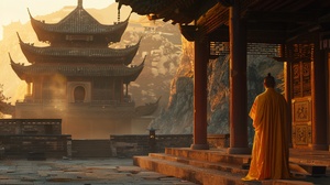 Far away in a Chinese temple, a monk, opposite an ancient young, modestly dressed man with hair tied up, talks with his back to a screen. 4K HD Ancient Wind