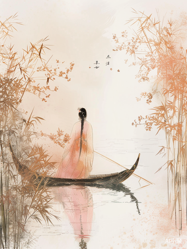 Chinese Painting of Ancient Girl on Delicate Boat in Ethereal Dreamscapes