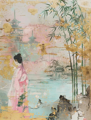 Chinese Painting of Ancient Girl on Delicate Boat in Ethereal Dreamscapes