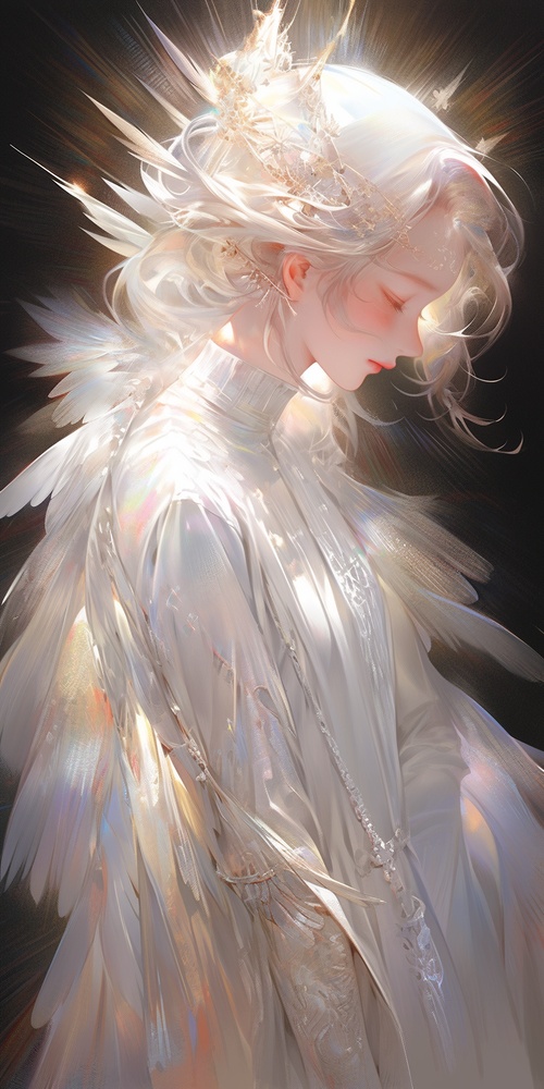 Thick acrylic illustration on pixiv,Full body portrait,light background,iridescent colors,watery eyes,beauitful face,white feathers,gauze latex,transparent elegantclothes,laser,iridescent,hologram,bokehchiaroscuro,wlop,SakimiChan and Yoji Shinkawaand serafleur,gold white silver,soft focus,holy cinematic rim,chiaroscuro