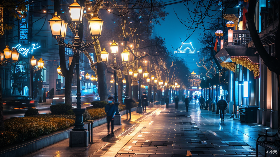 黑夜城市街道，4k高清电影感，行人闪过