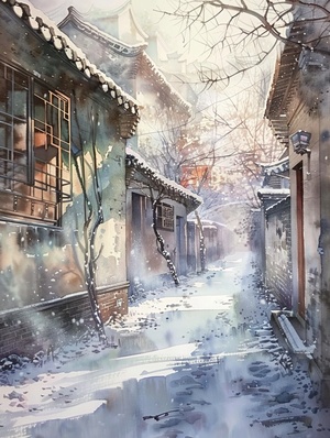 Huang Youwei's watercolor scenery, Beijing's old alley,soft colors, + virtual light