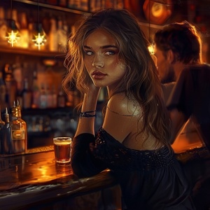 A beautiful young girl is sitting at the bar，The bar is noisy，A man harassed the girl who was drinking alone，A handsome boy helps a girl out，A girl likes to help her boy。