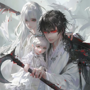 A handsome guy with short black hair, blood red eyes, and a mischievous appearance. He holds a death sickle in his hand and sits on his shoulder with a little girl wearing a white dress. The girl is very cute and obedient, with long white hair reaching his legsThe little girl is only one year oldShe has green eyes