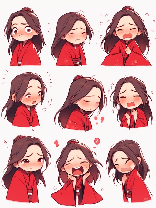 chibi Mulan, Disney Princess, all kinds of expressions, Happy, smiling, beaming, laughing, elated, Grief, sadness, pain, loss, heartbreak, tears like rain, distraught, angry, annoyed, resentful, amazed, stunnedr, disappointed1, cute eyes, multiple poss and expressions, white background, illustration-nii 5-style cute, emoji as illustration set, with boold manga line style, dynamic pose dark white, f 64 group, related characters, Old Meme Kernel